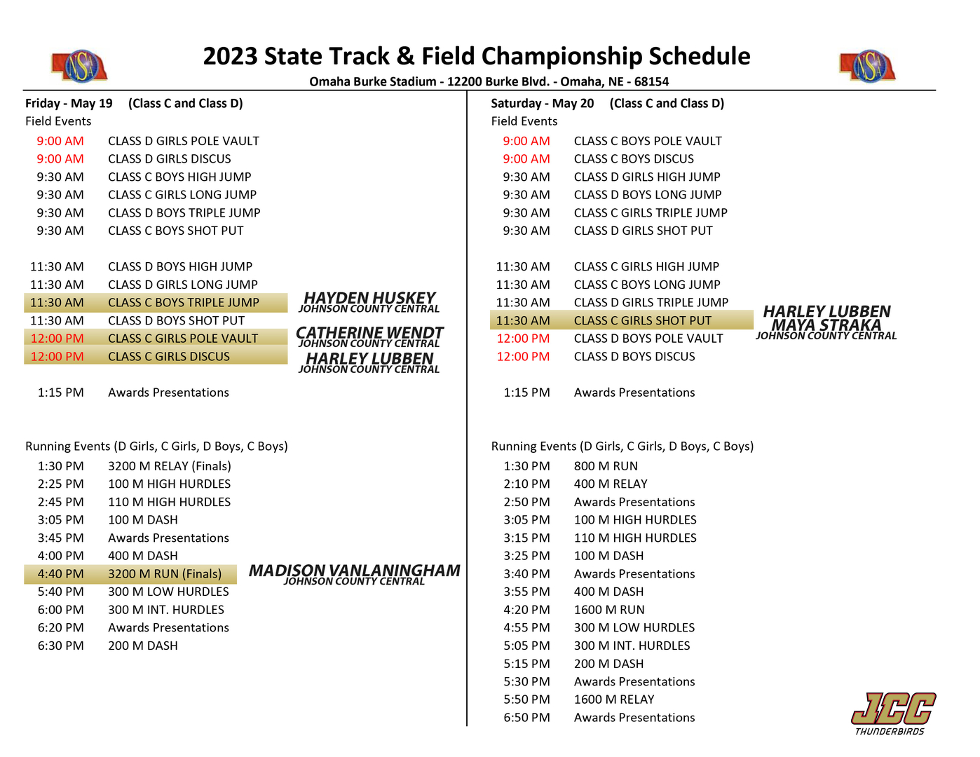 Johnson County Central 2023 State Track & Field Championship Info